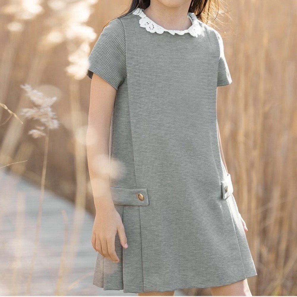 Tartine et Chocolat Girls Grey Houndstooth Lace Collar Dress Size 4A